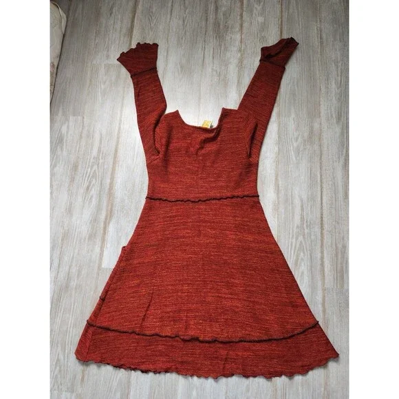 Hand Jive Rust Knit Dress Bell Sleeve Pocket A-Line Boho Artsy Womens L EUC - Picture 2 of 10